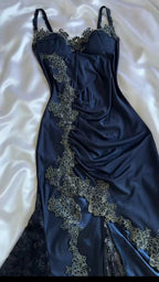 Elegant Navy Blue Spaghetti Straps Mermaid Satin Appliques Prom Dresses Party Dresses