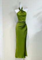 Elegant Minimalist Green Slim Halter Neck Satin Long Prom Dress Evening Dress