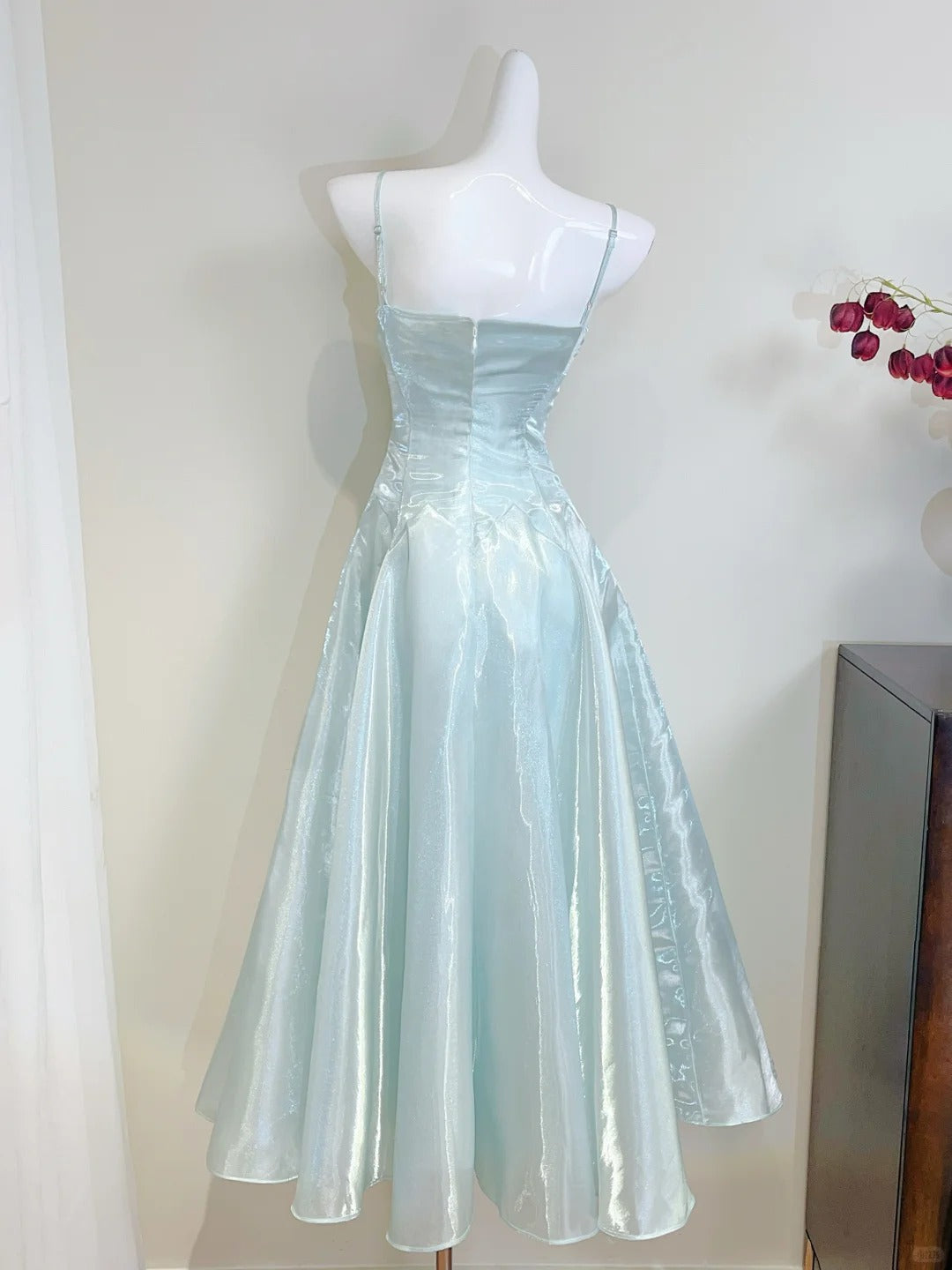 Elegant Mint Green A-Line Strappy Satin Prom Dress Evening Dress