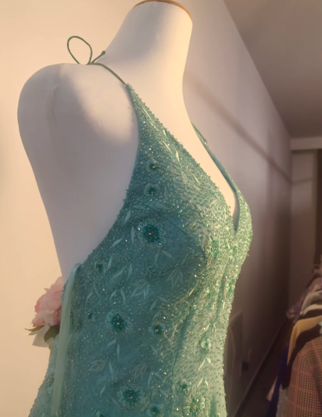 Elegant Mint Green Fitted Beaded Halter Neck Backless Long Prom Dress Evening Dress Secondary image
