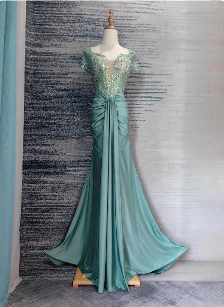 Elegant Mint Green Mermaid Sequin Satin Train Prom Dress Evening Dress Main image