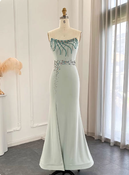 Elegant Mint Green Mermaid Strapless Rhinestone Hotfix Slit Satin Long Prom Dress Evening Dress Secondary image