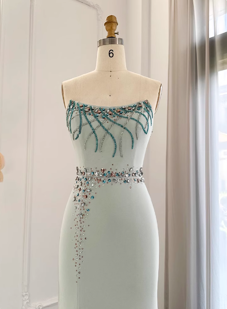 Elegant Mint Green Mermaid Strapless Rhinestone Hotfix Slit Satin Long Prom Dress Evening Dress