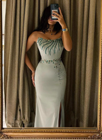 Elegant Mint Green Mermaid Strapless Rhinestone Hotfix Slit Satin Long Prom Dress Evening Dress