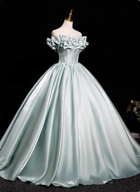 Elegant Mint Light Green Off-The-Shoulder Satin Ball Gown Evening Dress Sweet 16 Dress