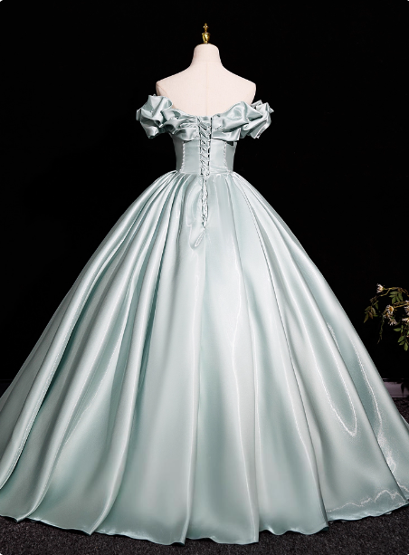 Elegant Mint Light Green Off-The-Shoulder Satin Ball Gown Evening Dress Sweet 16 Dress
