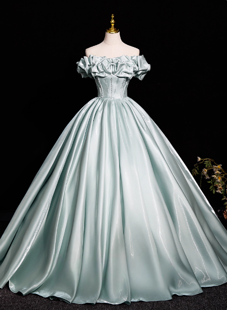 Elegant Mint Light Green Off-The-Shoulder Satin Ball Gown Evening Dress Sweet 16 Dress Main image