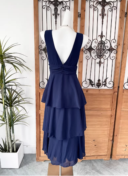 Elegant Navy Blue A-Line V-Neck Ruffled Layered Chiffon Prom Dress Evening Dress Secondary image