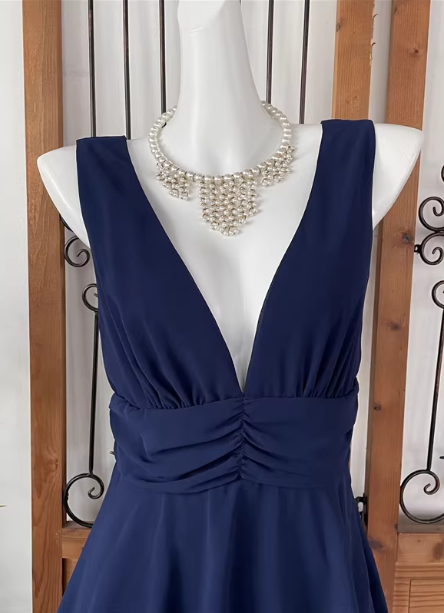 Elegant Navy Blue A-Line V-Neck Ruffled Layered Chiffon Prom Dress Evening Dress