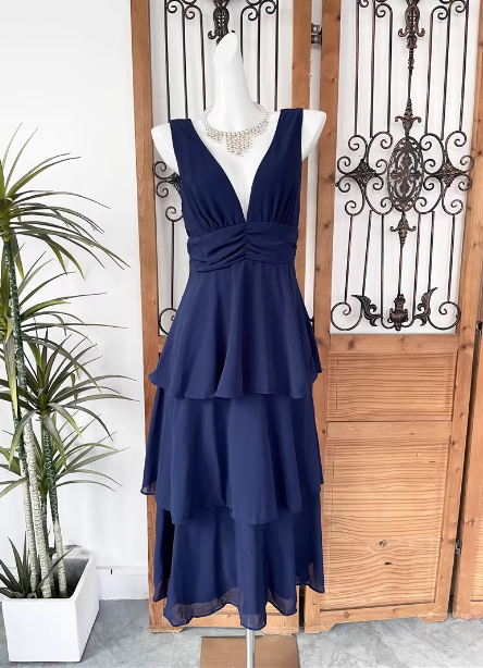 Elegant Navy Blue A-Line V-Neck Ruffled Layered Chiffon Prom Dress Evening Dress