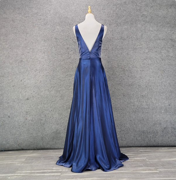 Elegant Navy Blue A-Line V-Neck Satin Long Prom Dress Evening Dress Secondary image