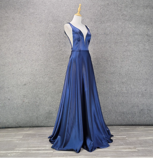Elegant Navy Blue A-Line V-Neck Satin Long Prom Dress Evening Dress