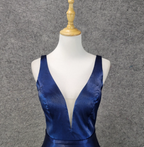 Elegant Navy Blue A-Line V-Neck Satin Long Prom Dress Evening Dress