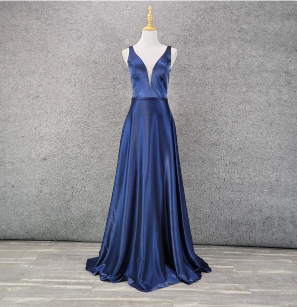 Elegant Navy Blue A-Line V-Neck Satin Long Prom Dress Evening Dress Main image