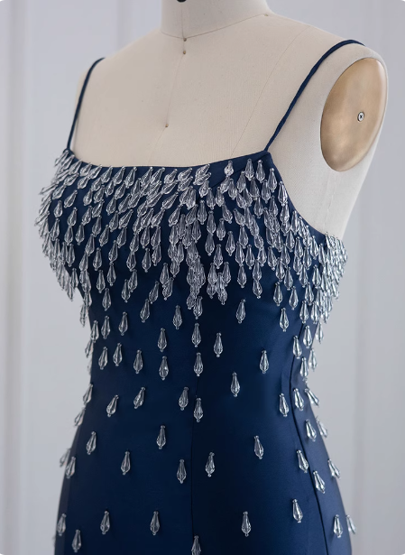 Elegant Navy Blue Bodycon Square Neck Spaghetti Strap Slit Crystal Satin Long Prom Dress Evening Dress