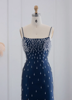 Elegant Navy Blue Bodycon Square Neck Spaghetti Strap Slit Crystal Satin Long Prom Dress Evening Dress