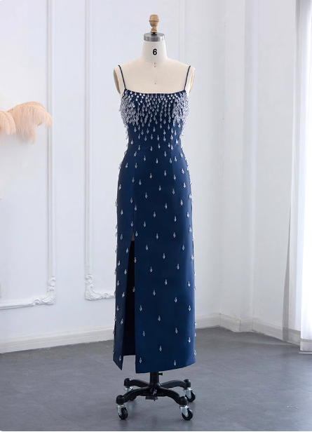 Elegant Navy Blue Bodycon Square Neck Spaghetti Strap Slit Crystal Satin Long Prom Dress Evening Dress Main image