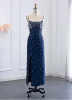 Elegant Navy Blue Bodycon Square Neck Spaghetti Strap Slit Crystal Satin Long Prom Dress Evening Dress
