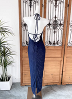 Elegant Navy Blue Halter Backless Glitter Satin Long Prom Dress Evening Dress