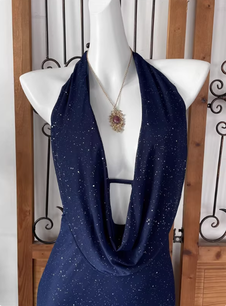 Elegant Navy Blue Halter Backless Glitter Satin Long Prom Dress Evening Dress