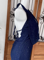 Elegant Navy Blue Halter Backless Glitter Satin Long Prom Dress Evening Dress