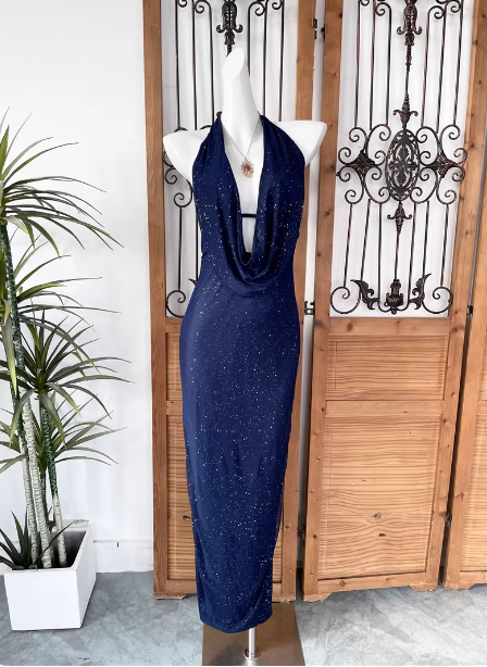 Elegant Navy Blue Halter Backless Glitter Satin Long Prom Dress Evening Dress Main image