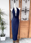 Elegant Navy Blue Halter Backless Glitter Satin Long Prom Dress Evening Dress