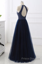 Elegant Navy Blue Halter Beaded Long Evening Dress, Beautiful Formal Prom Dress