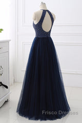 Elegant Navy Blue Halter Beaded Long Evening Dress, Beautiful Formal Prom Dress