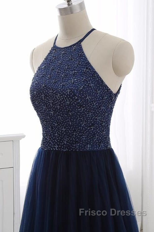 Elegant Navy Blue Halter Beaded Long Evening Dress, Beautiful Formal Prom Dress