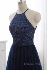 Elegant Navy Blue Halter Beaded Long Evening Dress, Beautiful Formal Prom Dress