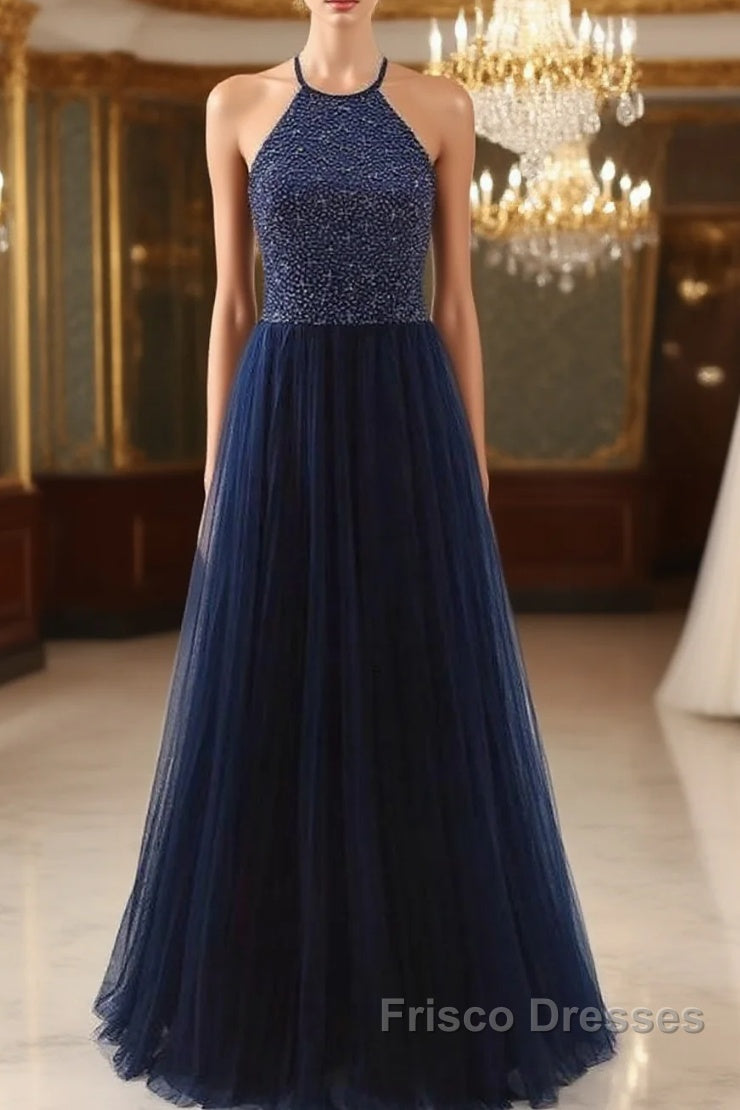 Elegant Navy Blue Halter Beaded Long Evening Dress, Beautiful Formal Prom Dress Main image