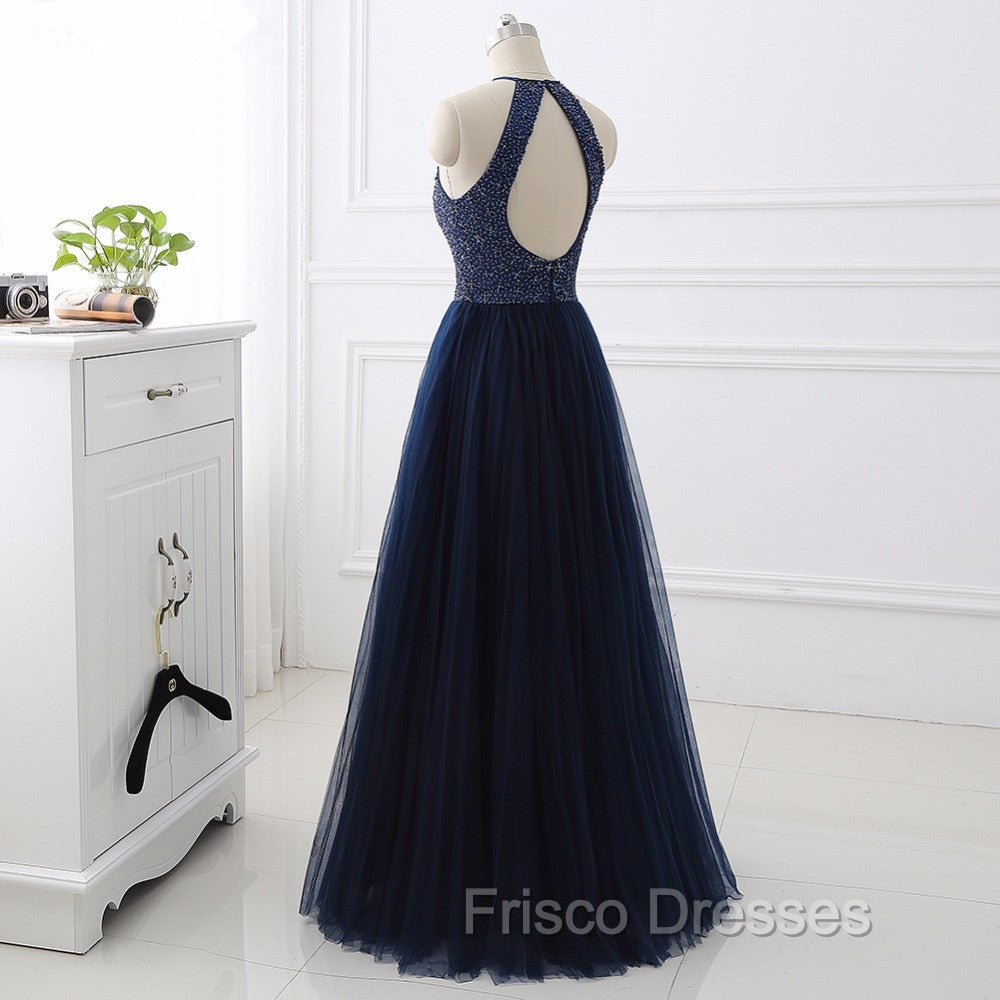 Elegant Navy Blue Halter Beaded Long Evening Dress, Formal Prom Dress Secondary image