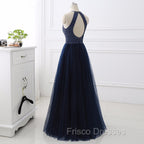 Elegant Navy Blue Halter Beaded Long Evening Dress, Formal Prom Dress
