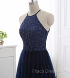 Elegant Navy Blue Halter Beaded Long Evening Dress, Formal Prom Dress