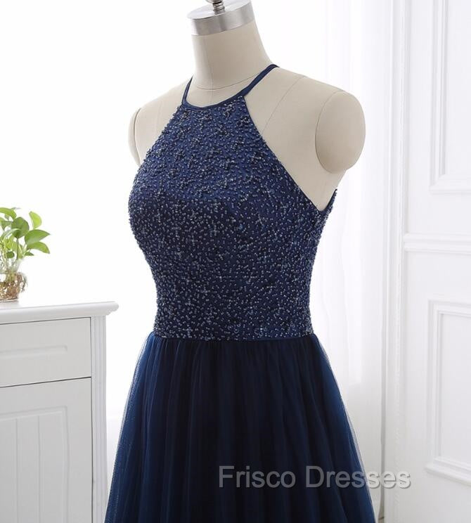 Elegant Navy Blue Halter Beaded Long Evening Dress, Formal Prom Dress