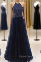 Elegant Navy Blue Halter Beaded Long Evening Dress, Formal Prom Dress