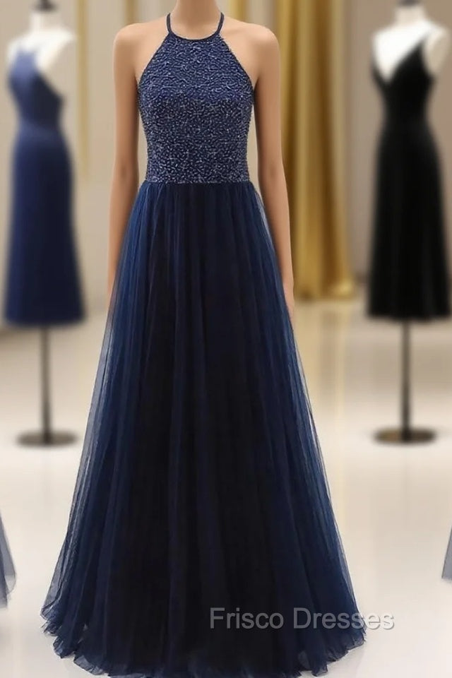 Elegant Navy Blue Halter Beaded Long Evening Dress, Formal Prom Dress