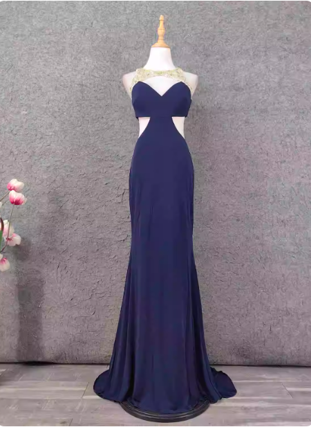 Elegant Navy Blue Mermaid Beaded Open Back Chiffon Long Prom Dress Evening Dress Secondary image