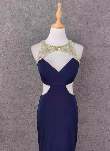 Elegant Navy Blue Mermaid Beaded Open Back Chiffon Long Prom Dress Evening Dress