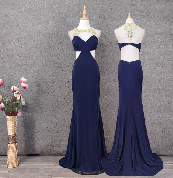 Elegant Navy Blue Mermaid Beaded Open Back Chiffon Long Prom Dress Evening Dress Main image