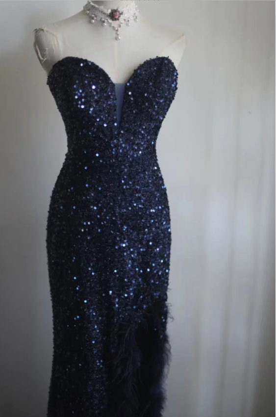 Elegant Navy Blue Mermaid Heart-Shaped Neckline Feather Sequined Long Prom Dress Evening Dress
