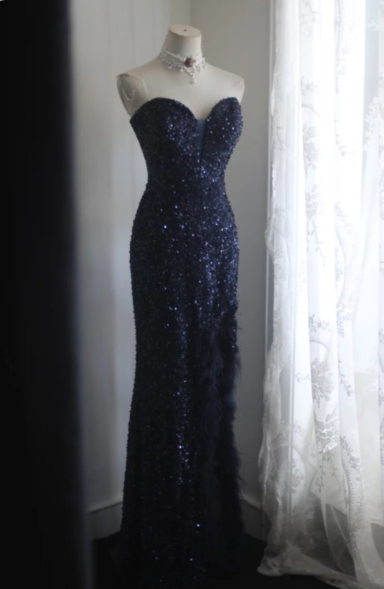 Elegant Navy Blue Mermaid Heart-Shaped Neckline Feather Sequined Long Prom Dress Evening Dress