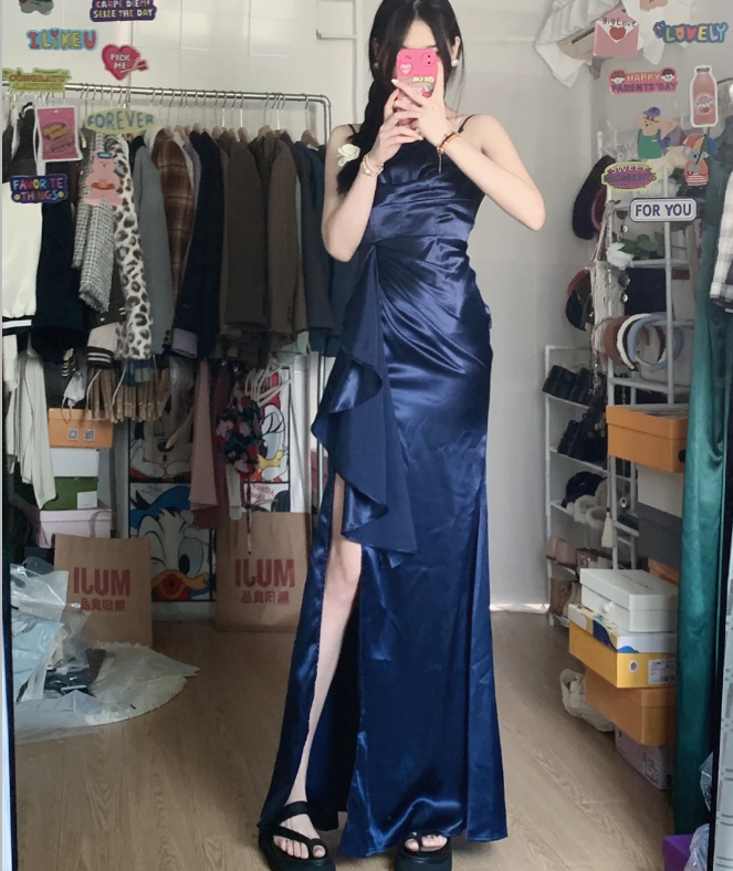 Elegant Navy Blue Mermaid High-Slit Ruffled Satin Long Prom Dress Evening Dress