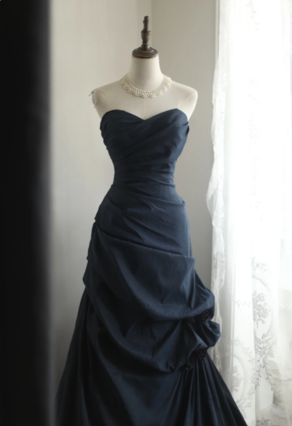 Elegant Navy Blue Mermaid Pleated Satin Long Prom Dress Evening Dress