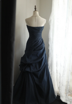 Elegant Navy Blue Mermaid Pleated Satin Long Prom Dress Evening Dress