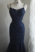 Elegant Navy Blue Mermaid Spaghetti Strap Lace Long Prom Dress Evening Dress