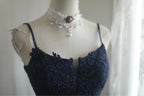 Elegant Navy Blue Mermaid Spaghetti Strap Lace Long Prom Dress Evening Dress