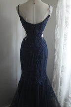 Elegant Navy Blue Mermaid Spaghetti Strap Lace Long Prom Dress Evening Dress