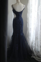 Elegant Navy Blue Mermaid Spaghetti Strap Lace Long Prom Dress Evening Dress